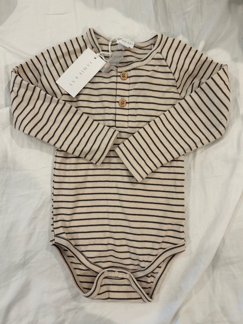 Jamie Kay Cream and Black Striped Long-Sleeve One-Piece 2T